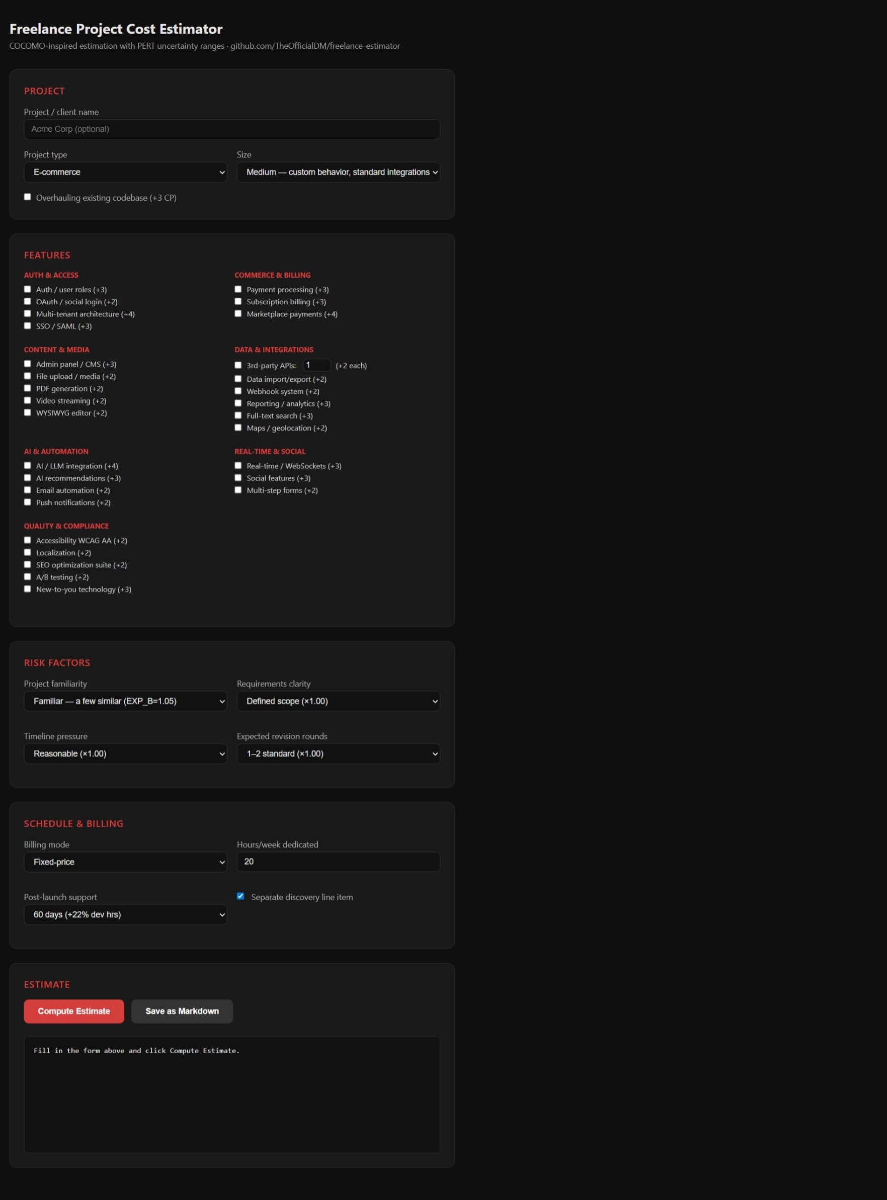 Browser-based cost estimator form showing project type, complexity points, risk multipliers, and a three-point hour range with fixed-price quote