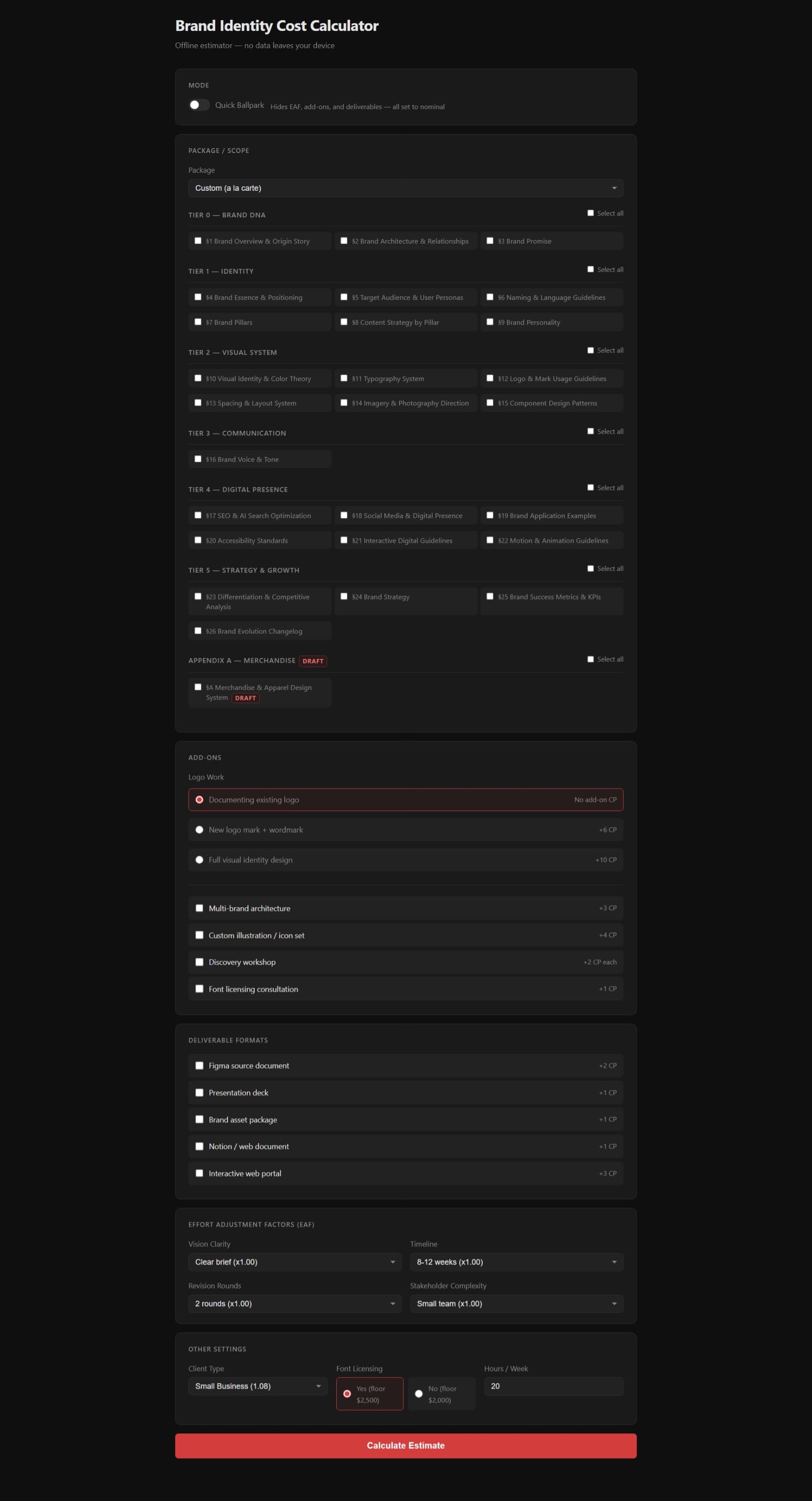 Browser-based brand identity cost calculator showing section checkboxes organized by tier, EAF sliders, and a cost range breakdown.