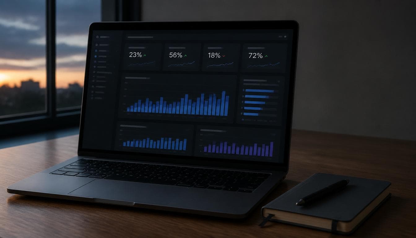 Laptop screen showing a dark-mode admin analytics dashboard with bar charts comparing approval and referral rates alongside labeled percentage stat cards.