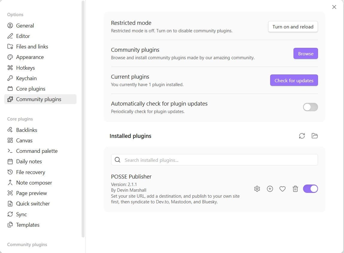 POSSE Publisher plugin settings showing destination configuration for Dev.to, Mastodon, and custom API